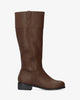 Flat high-calf boots in brown faux leather.