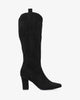 Heeled high boots in black faux suede.