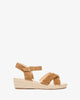 Camel colored faux suede sandals with jute wedge