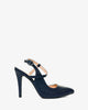 Navy faux leather pointed toed court shoes