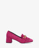 Heeled moccasin in fuxia coloured faux suede