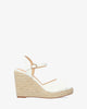 White soft fabric sandal with a jute wedge