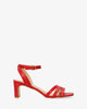 Soft snake red coloured sandals with a thin block heel