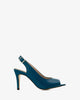 Chaussures talons en cuir couleur azul ouvertes à l´arrière.