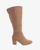 Heeled mid-calf boots in light brown faux suede