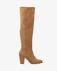 Heeled knee-high boots in brown faux suede.