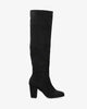Heeled knee-high boots in black faux suede.