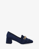 Heeled moccasin in navy coloured faux suede