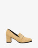 Heeled moccasins in beige-colored faux suede
