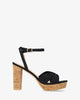 Black fabric sandal with cork-effect heel