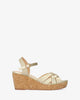 Gold-coloured soft sandals with a wooden effect wedge