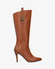 High heeled boots in camel soft faux leather