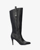 High heeled boots in black soft faux leather