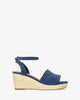 Blue faux suede sandal with a jute wedge