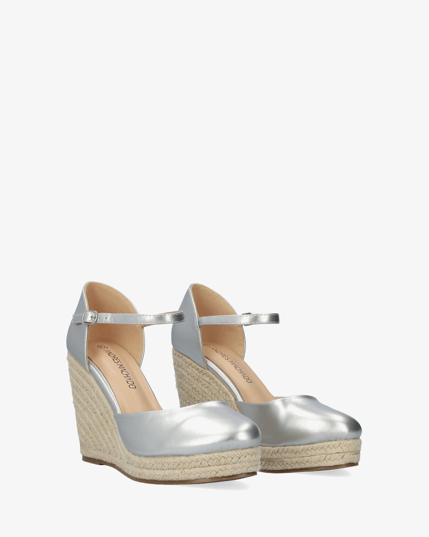 Sandales en simili argent cuir avec talon compensé en jute