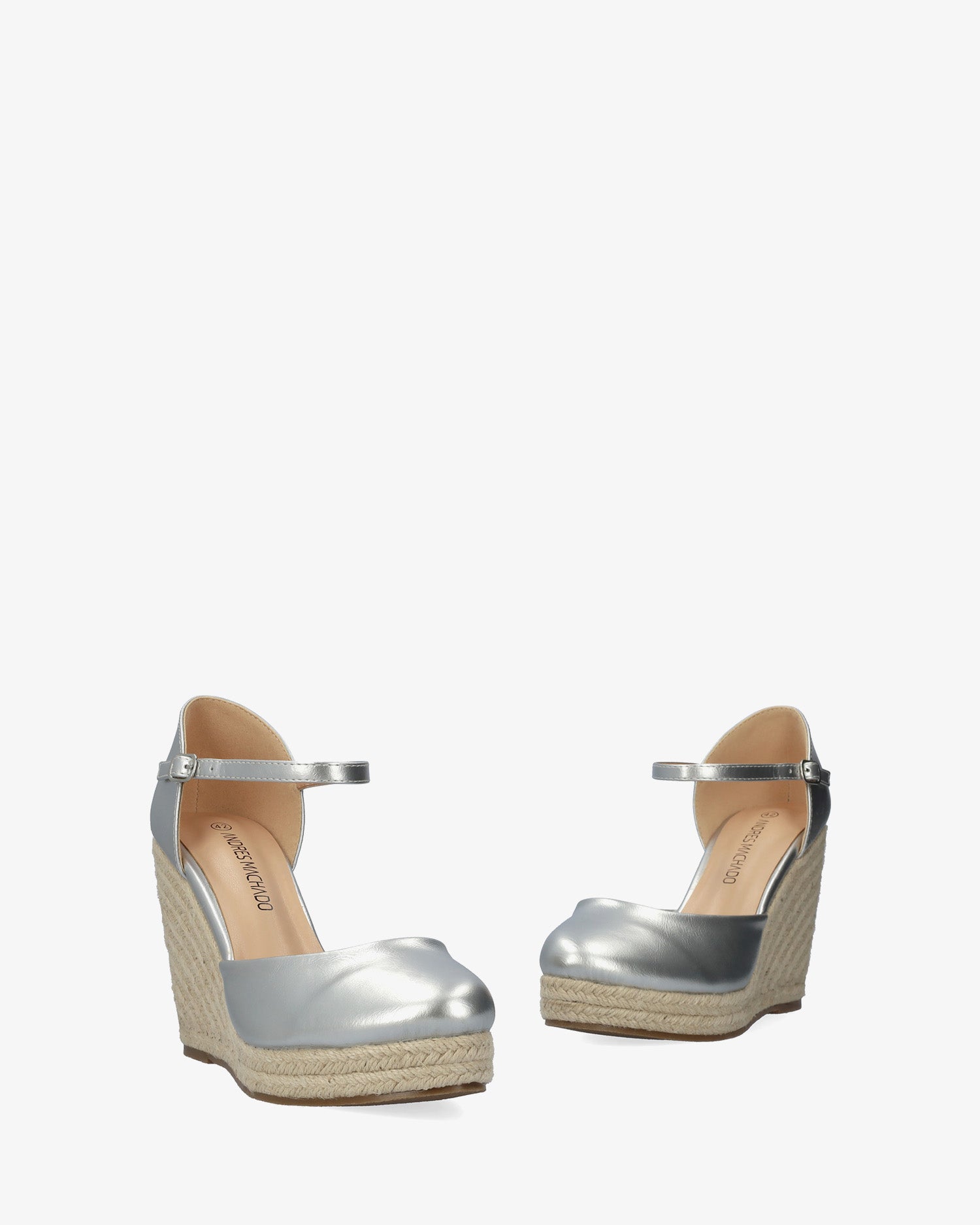 Sandales en simili argent cuir avec talon compensé en jute