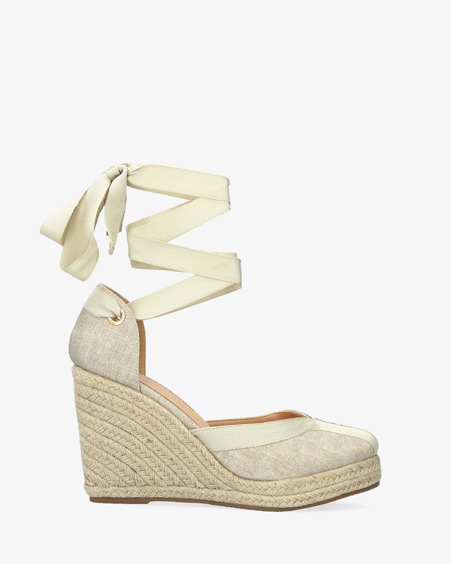 Sandalo in tessuto beige con zeppa in iuta