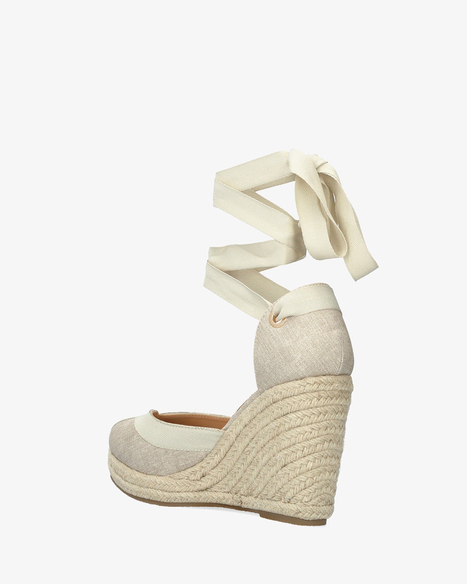 Sandalo in tessuto beige con zeppa in iuta