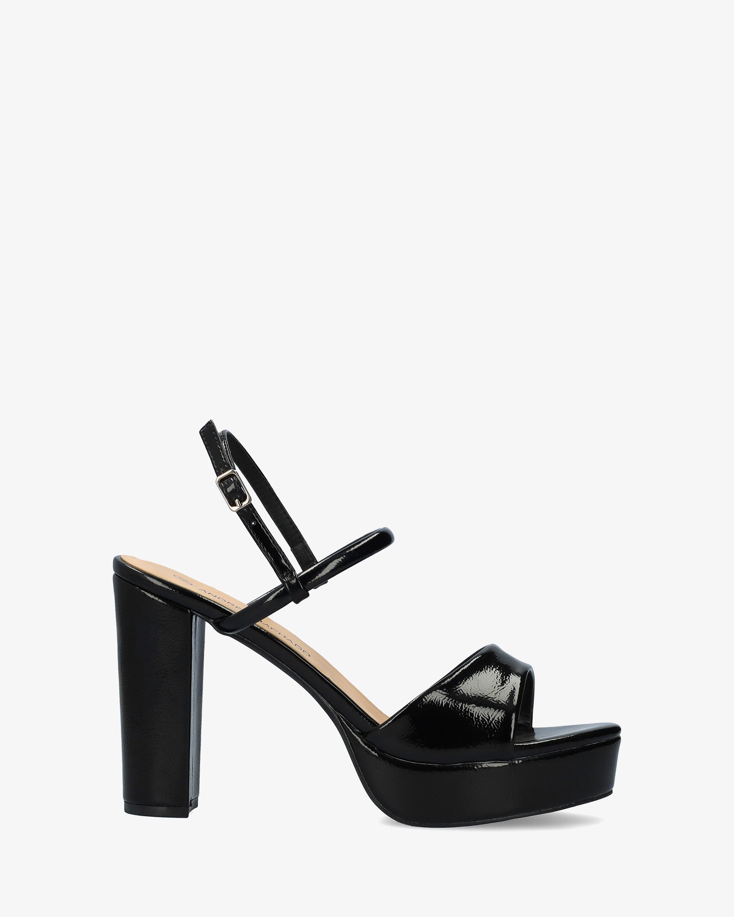 Sandale en vernis noir à talon large et haut