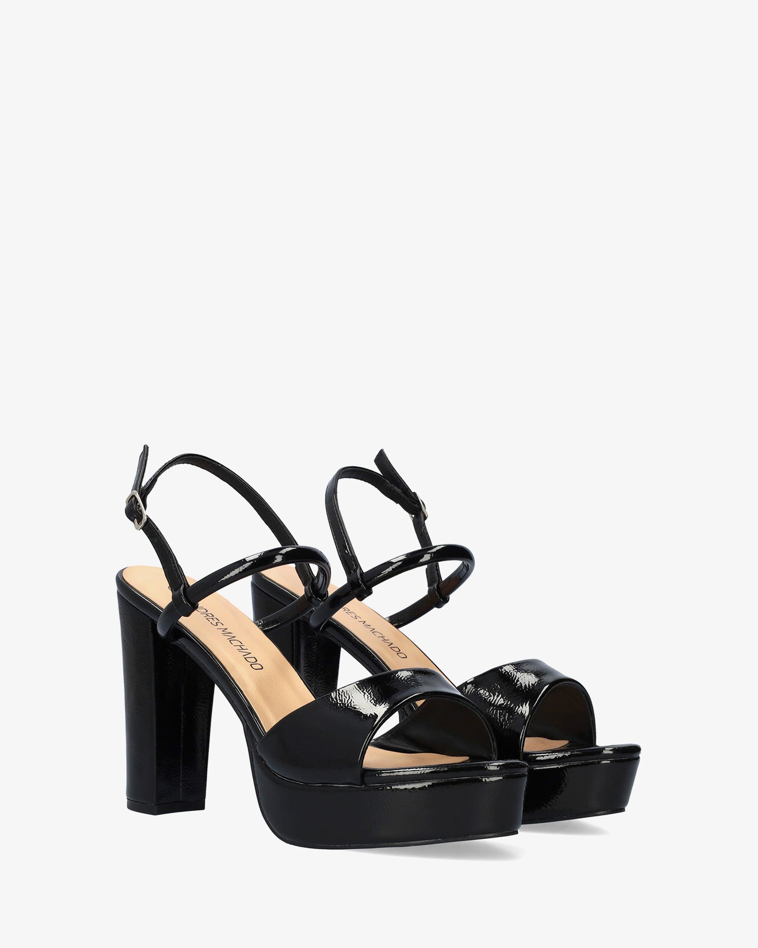 Sandale en vernis noir à talon large et haut