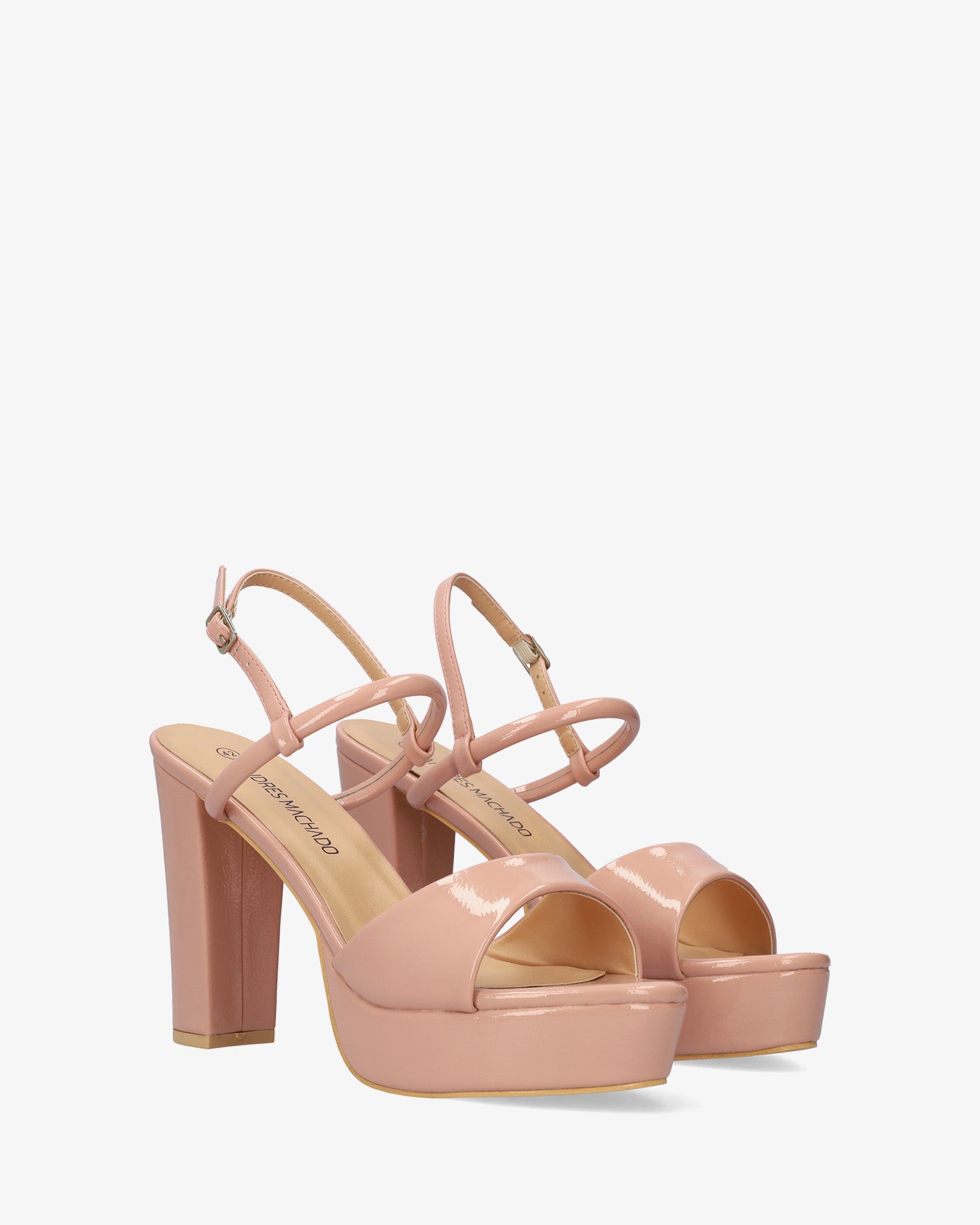 Sandale en vernis nude à talon large et haut