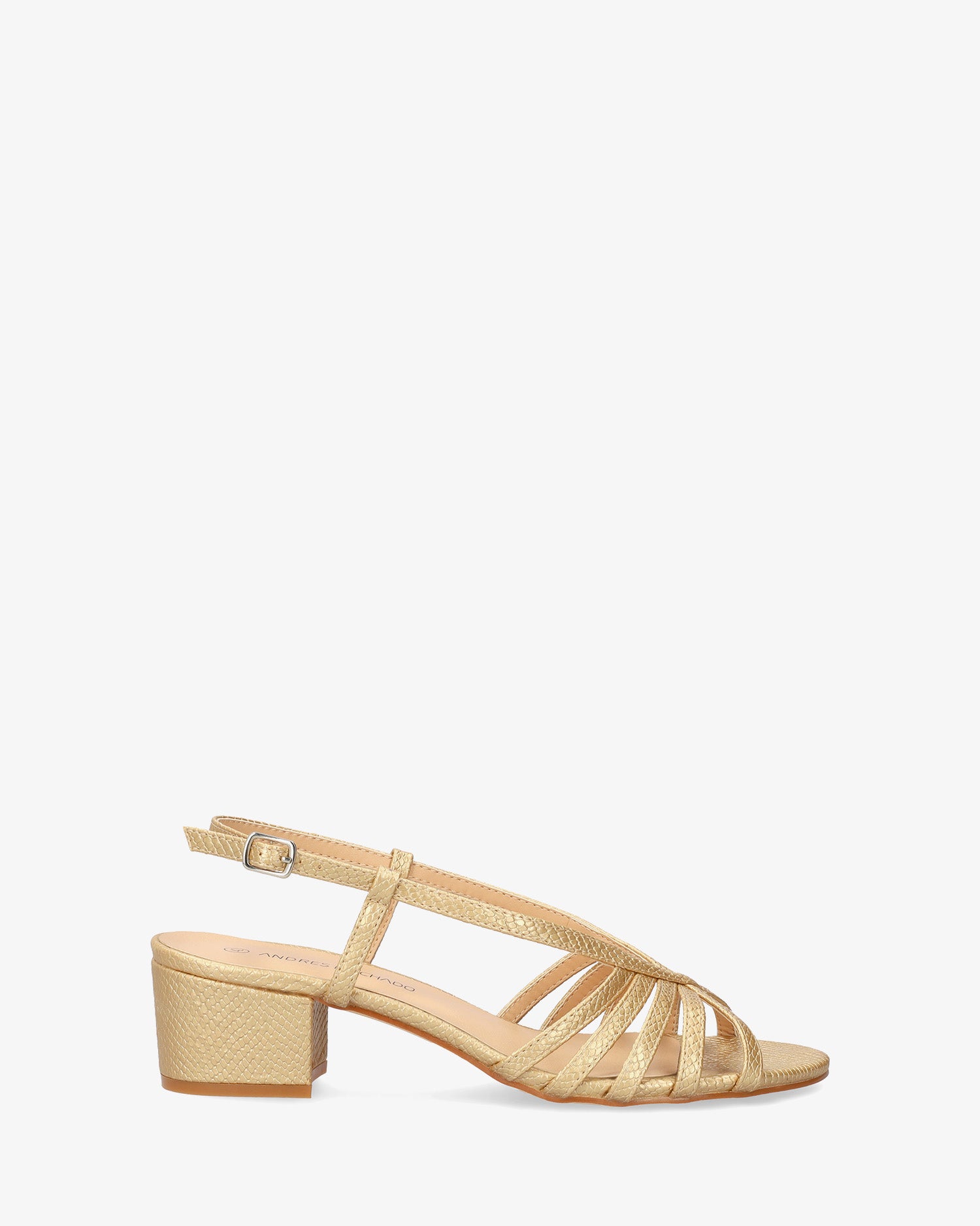Soft gold slingback sandal with a wide heel