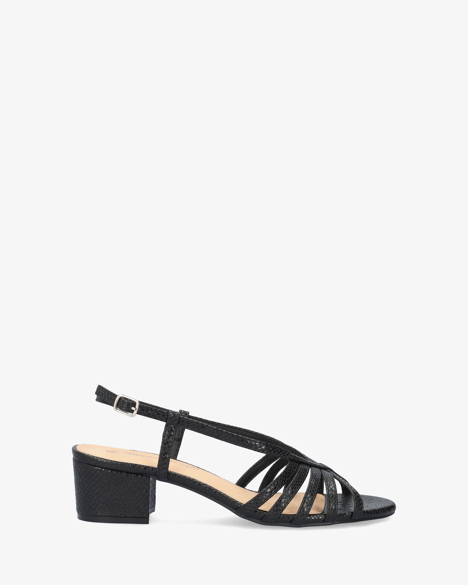Soft black slingback sandal with a wide heel