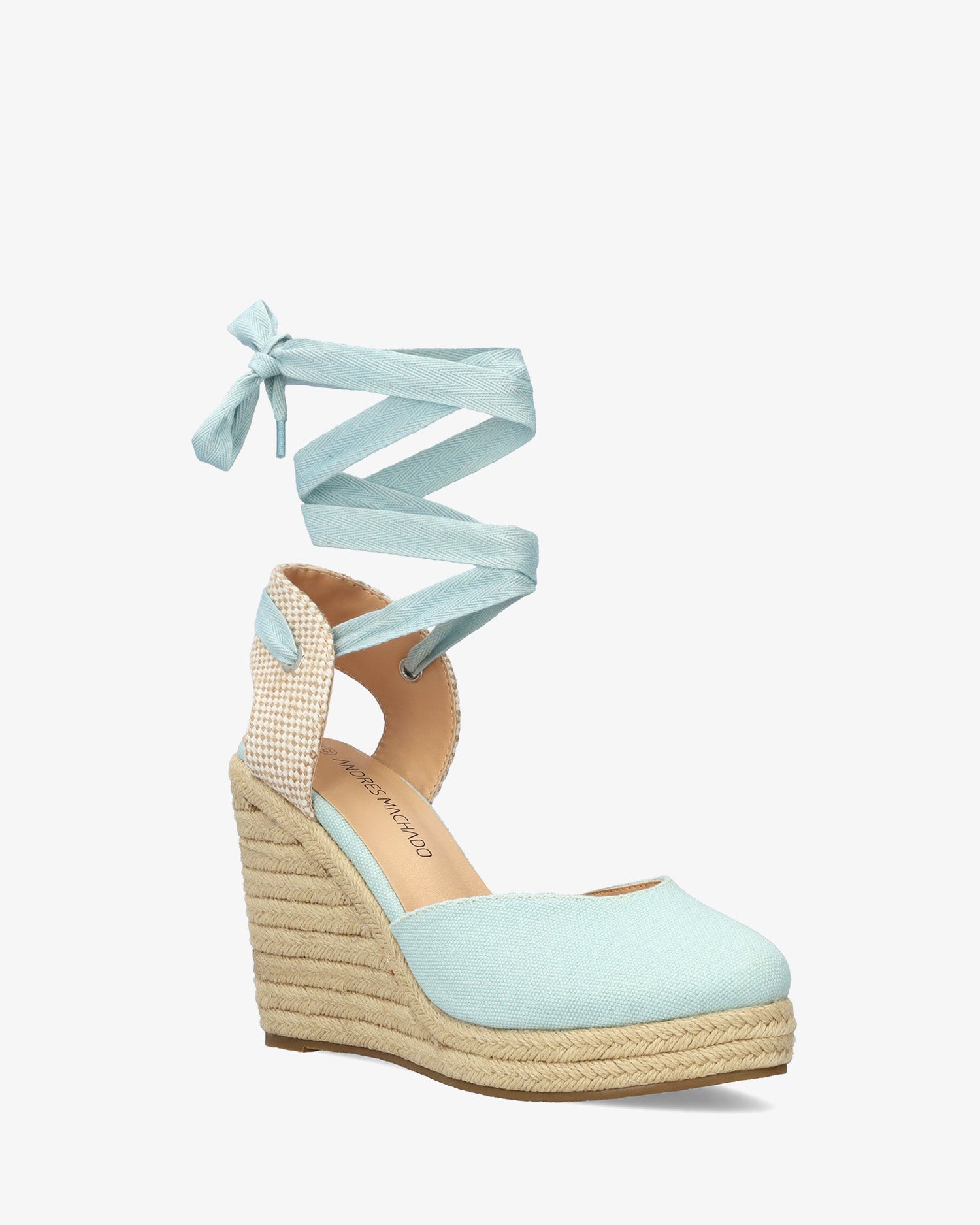 Sandalia de cuña celeste con lazada ajustable