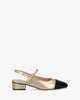 Sapato de salto aberto atrás em soft dourado e preto 