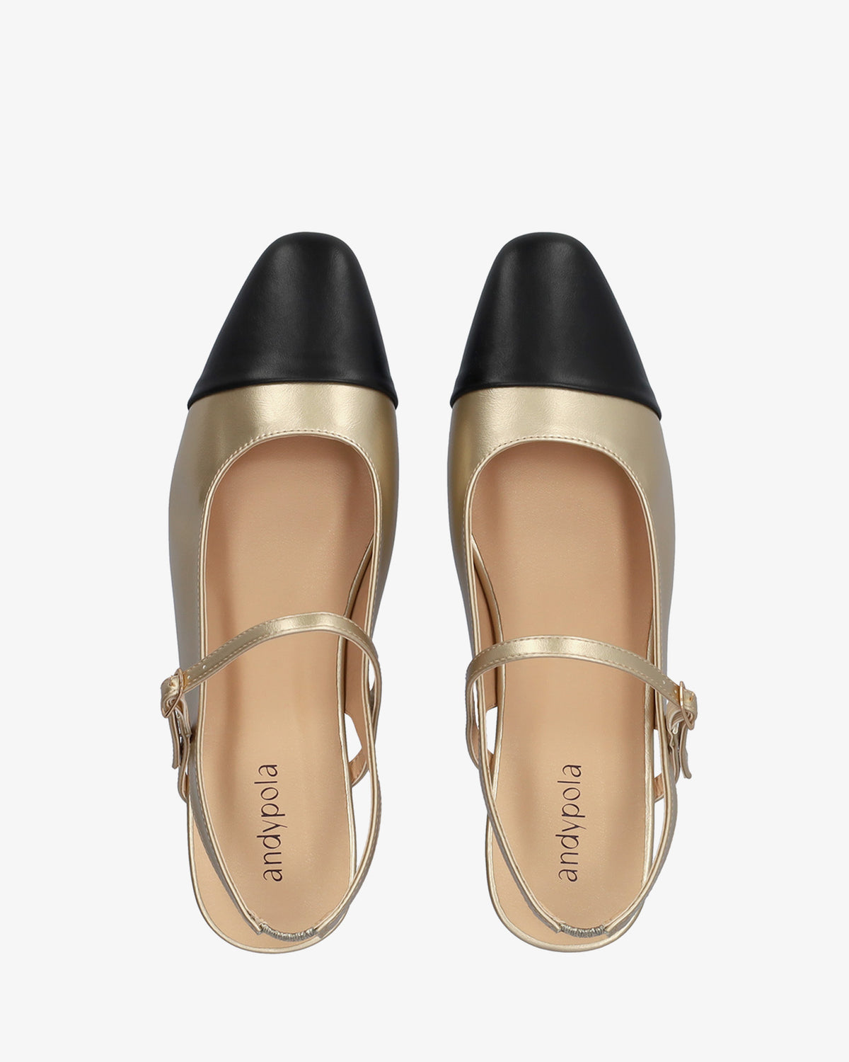 Sapato de salto aberto atrás em soft dourado e preto 
