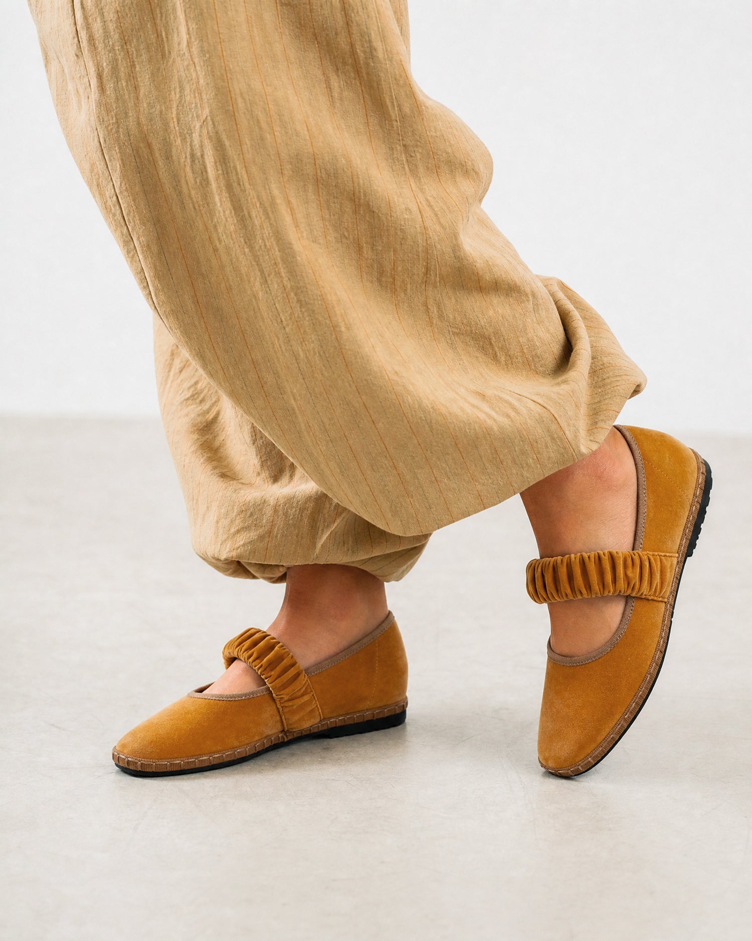 Camel earth-tone velvet ballerina flats 