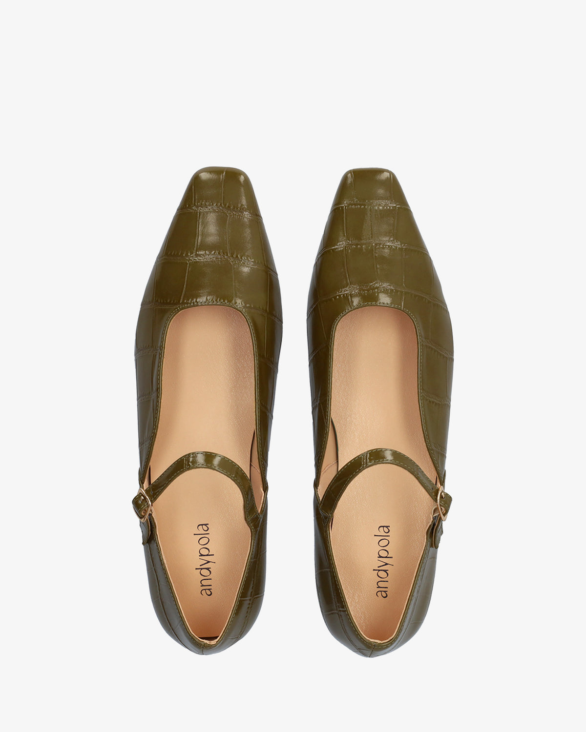 Flat ballerina pump with khaki crocodile-effect embossing 