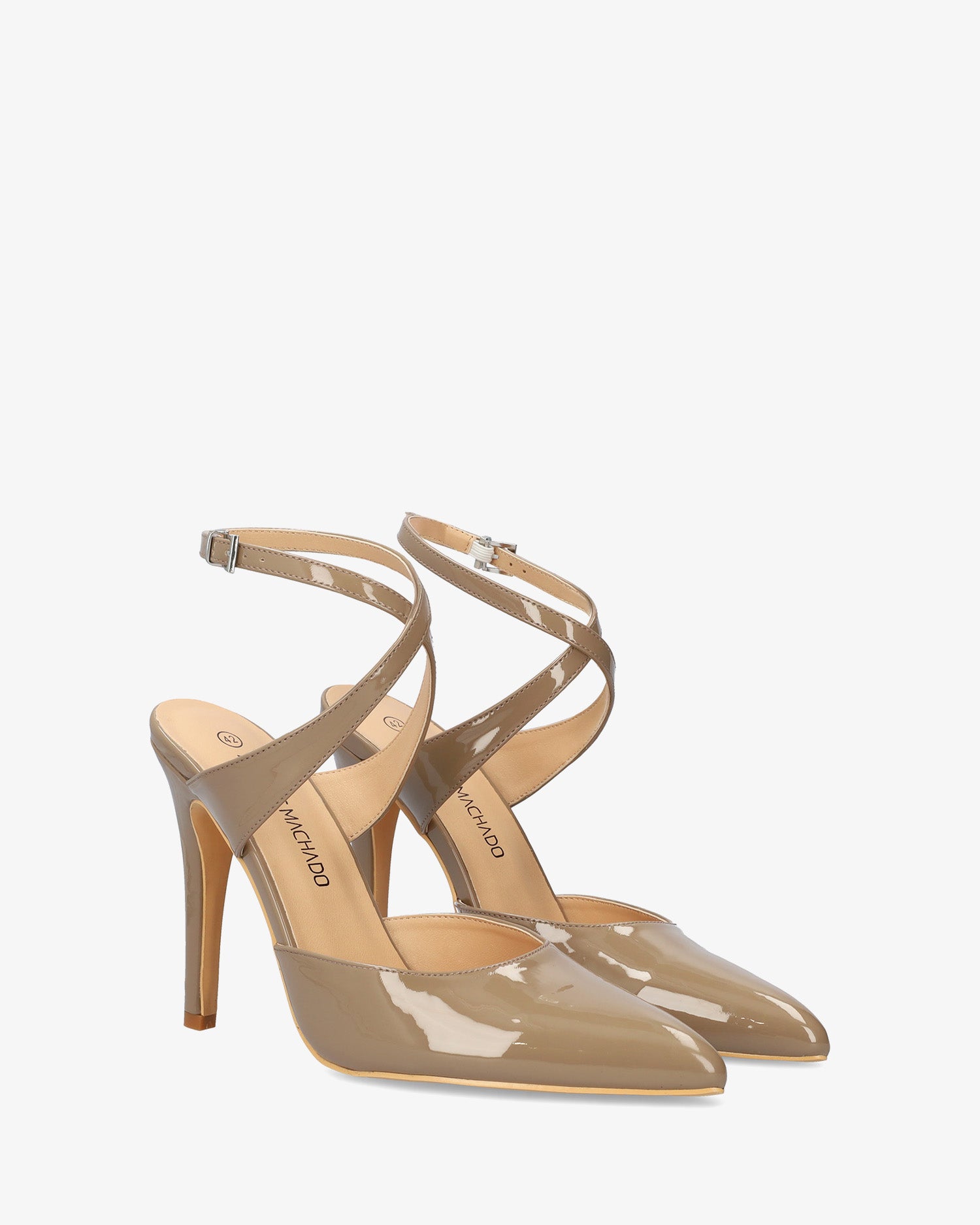 Grey patent slingback court shoes with heel 
