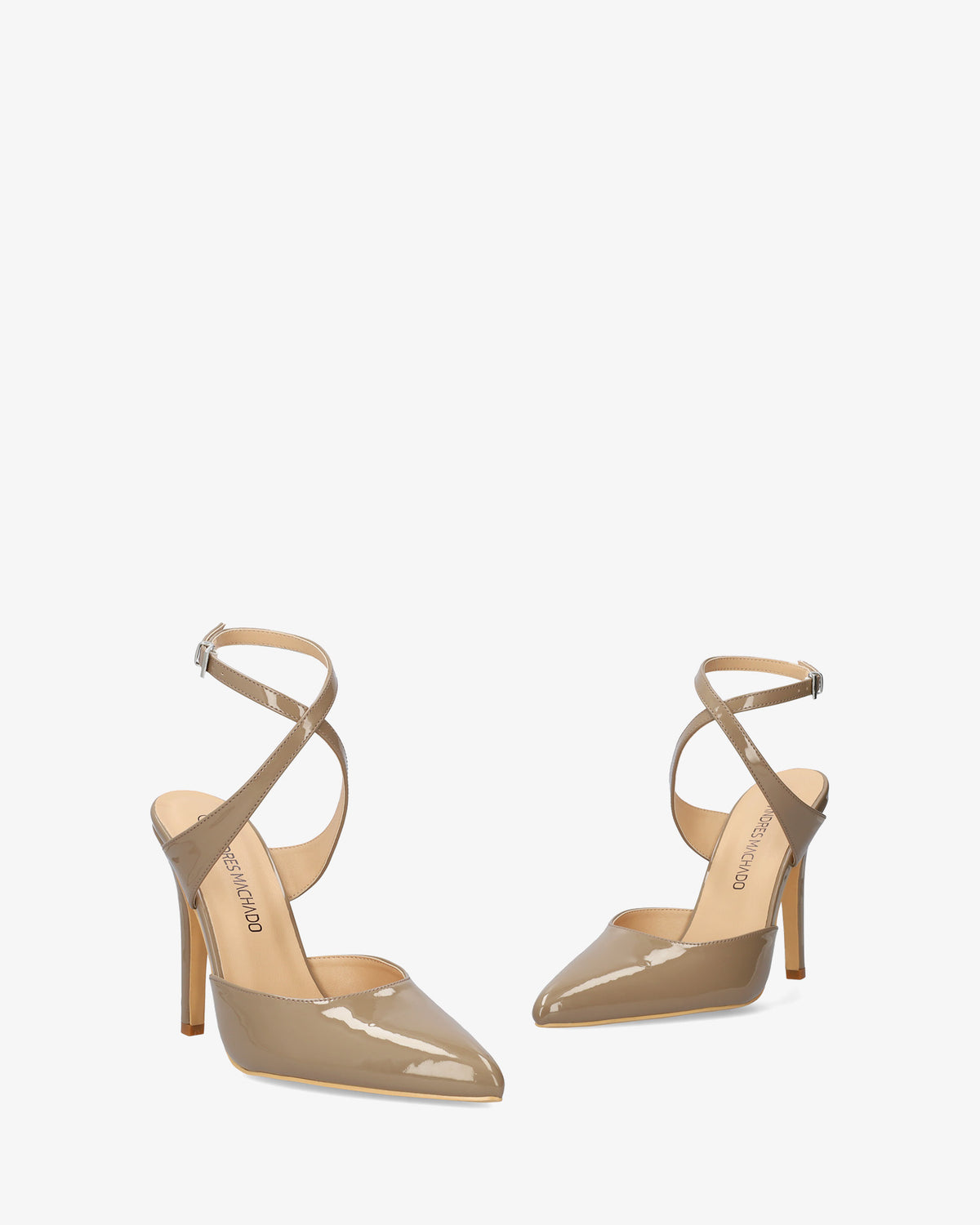 Grey patent slingback court shoes with heel 