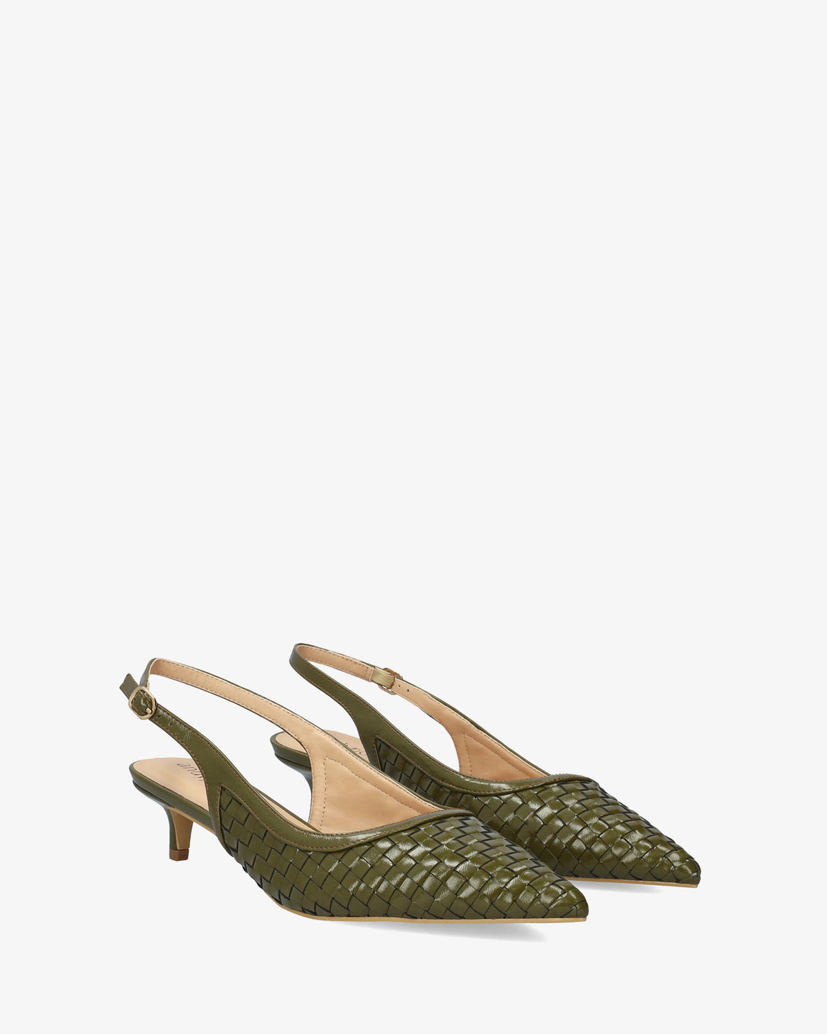 Backless court shoe in khaki braided soft leather 