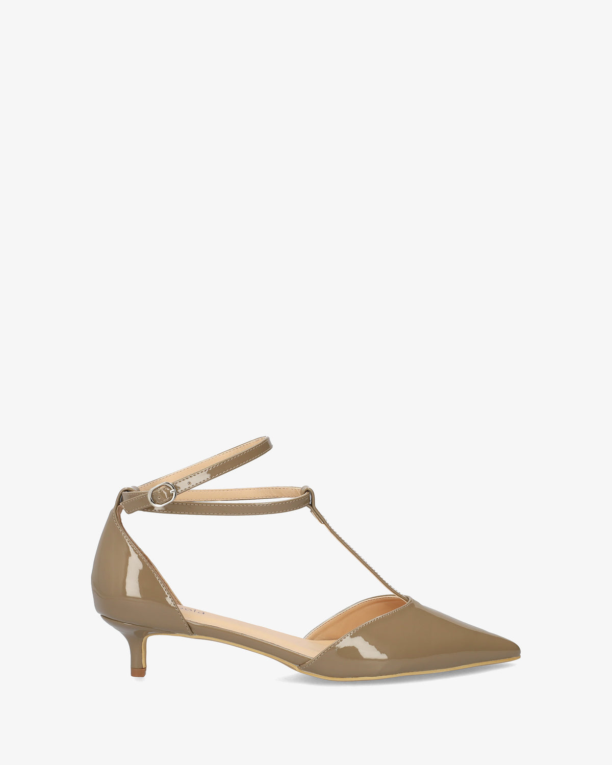 Zapato Salomé con tacón kitten en charol taupe