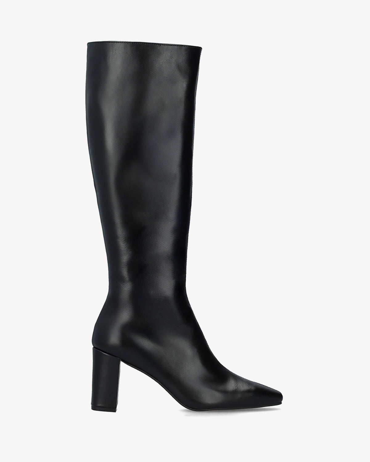 Hoher Stiefel mit Absatz aus schwarzem Leder. 
