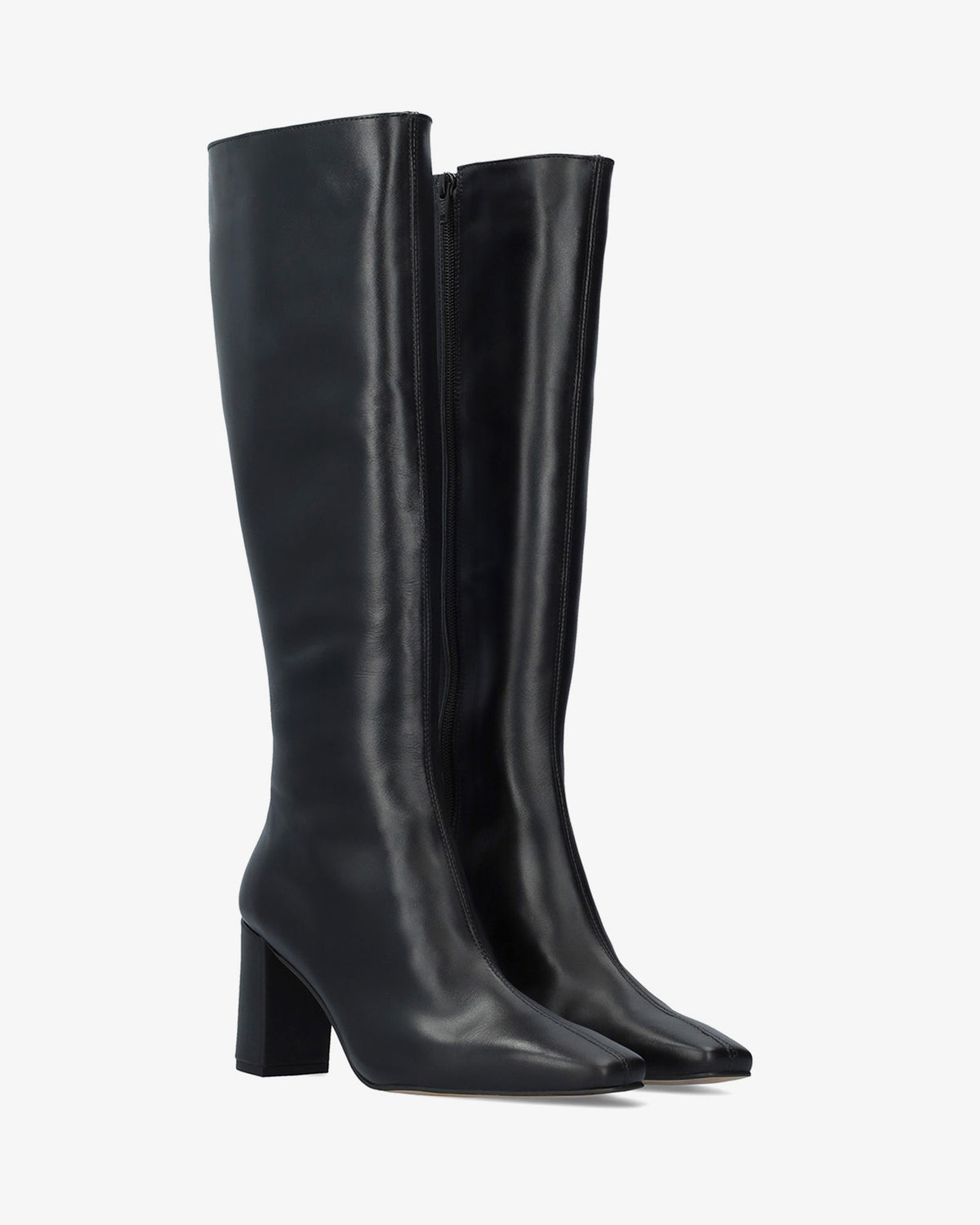 Hoher Stiefel mit Absatz aus schwarzem Leder. 