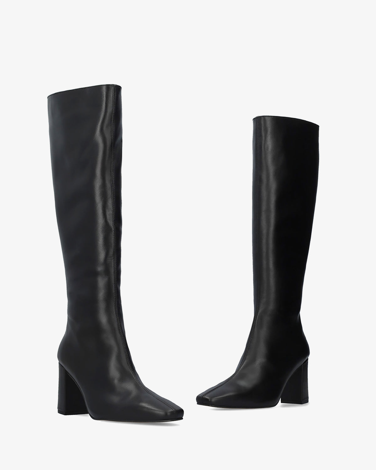 Hoher Stiefel mit Absatz aus schwarzem Leder. 