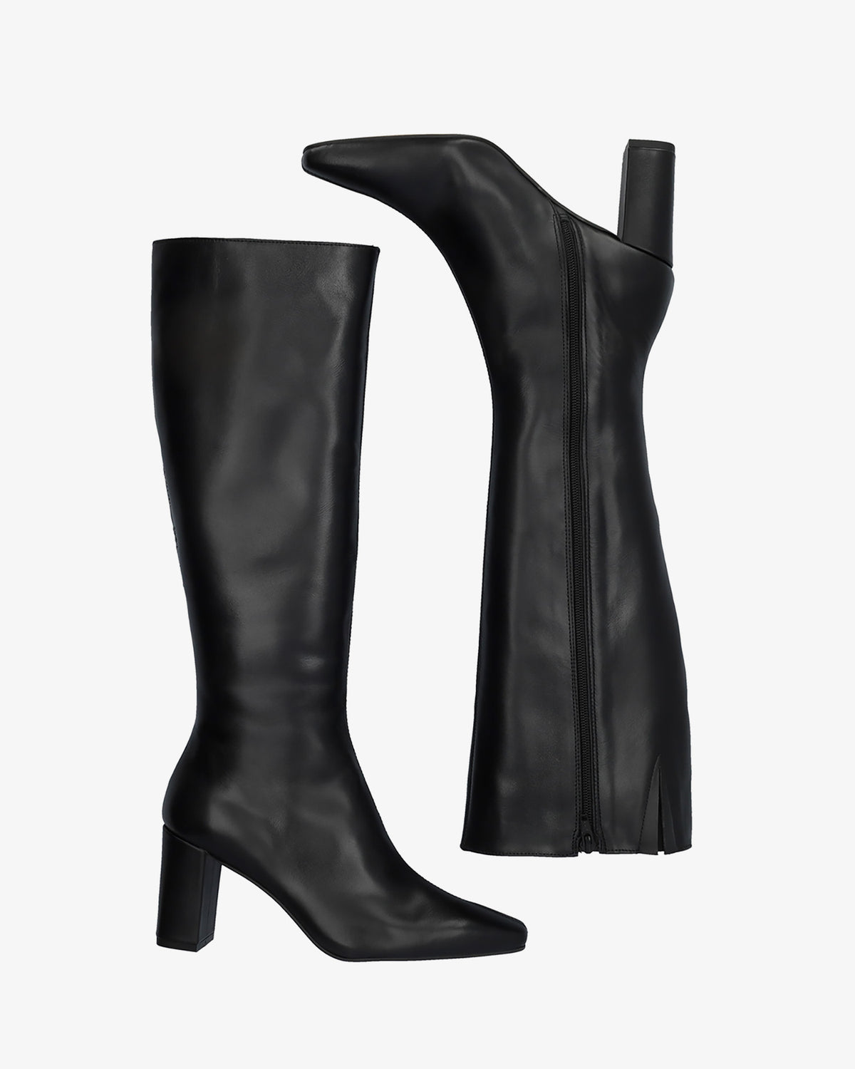 Hoher Stiefel mit Absatz aus schwarzem Leder. 